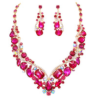 Stunning Crystal Rhinestone Statement Necklace Drop Earrings Bridal Set, 18"+3" Extender (Fuchsia Pink Crystal Gold Tone Setting)