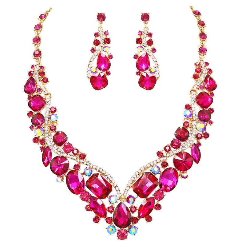 Stunning Crystal Rhinestone Statement Necklace Drop Earrings Bridal Set, 18"+3" Extender (Fuchsia Pink Crystal Gold Tone Setting)