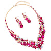 Stunning Crystal Rhinestone Statement Necklace Drop Earrings Bridal Set, 18"+3" Extender (Fuchsia Pink Crystal Gold Tone Setting)