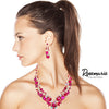 Stunning Crystal Rhinestone Statement Necklace Drop Earrings Bridal Set, 18"+3" Extender (Fuchsia Pink Crystal Gold Tone Setting)