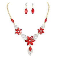 Elegant Red Crystal Flower Necklace Dangle Earrings Formal Set, 17"-19" with 2" Extender
