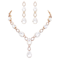 Stunning Teardrop Crystal Y-Drop Choker Necklace Earrings Bridal Set, 15"-18" with 3" Extender (Clear Crystal/Gold Tone)