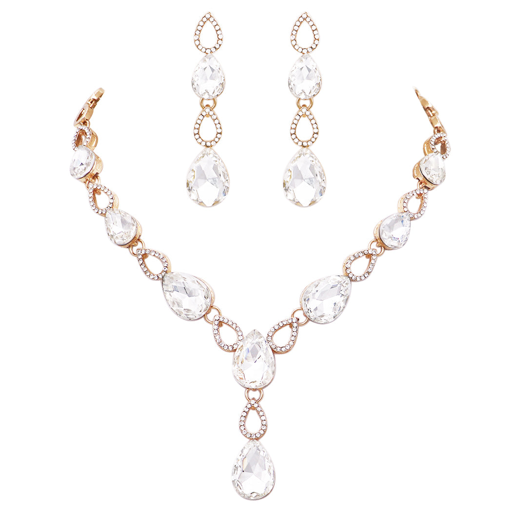 Stunning Teardrop Crystal Y-Drop Choker Necklace Earrings Bridal Set, 15-18 with 3 Extender (Clear Crystal/Gold Tone)