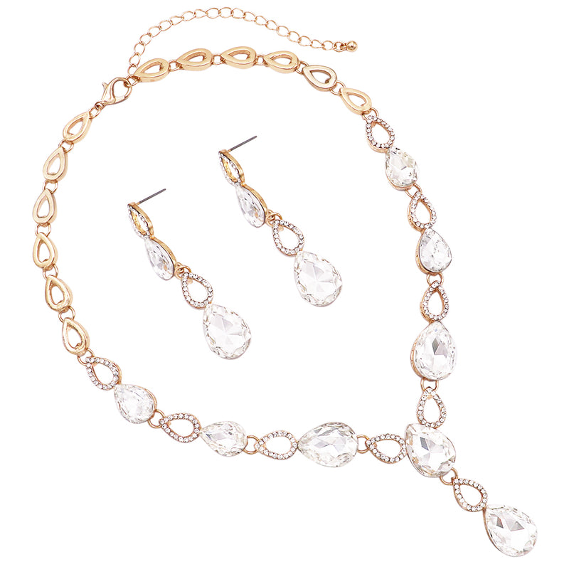 Stunning Teardrop Crystal Y-Drop Choker Necklace Earrings Bridal Set, 15"-18" with 3" Extender (Clear Crystal/Gold Tone)