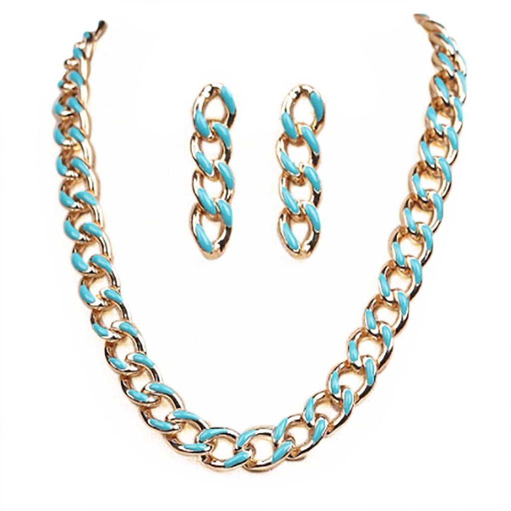 Polished Gold Tone Chunky Curb Chain With Colored Enamel Statement Necklace Earrings Set, 16"-18" with 2" Extension (Aqua)