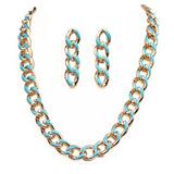 Polished Gold Tone Chunky Curb Chain With Colored Enamel Statement Necklace Earrings Set, 16