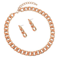 Polished Gold Tone Chunky Curb Chain With Colored Enamel Statement Necklace Earrings Set, 16"-18" with 2" Extension (Peach)