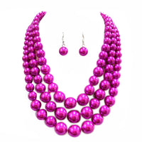 Multi Strand Simulated Pearl Necklace and Earrings Jewelry Set, 18"+3" Extender (Metallic Fuchsia)