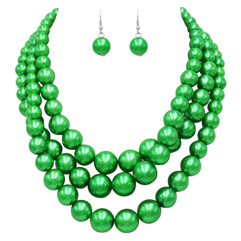 Multi Strand Simulated Pearl Green Necklace and Earrings Jewelry Gift Set