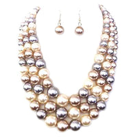 Multi Strand Simulated Pearl Necklace and Earrings Jewelry Set (Neutral Multi-Color)
