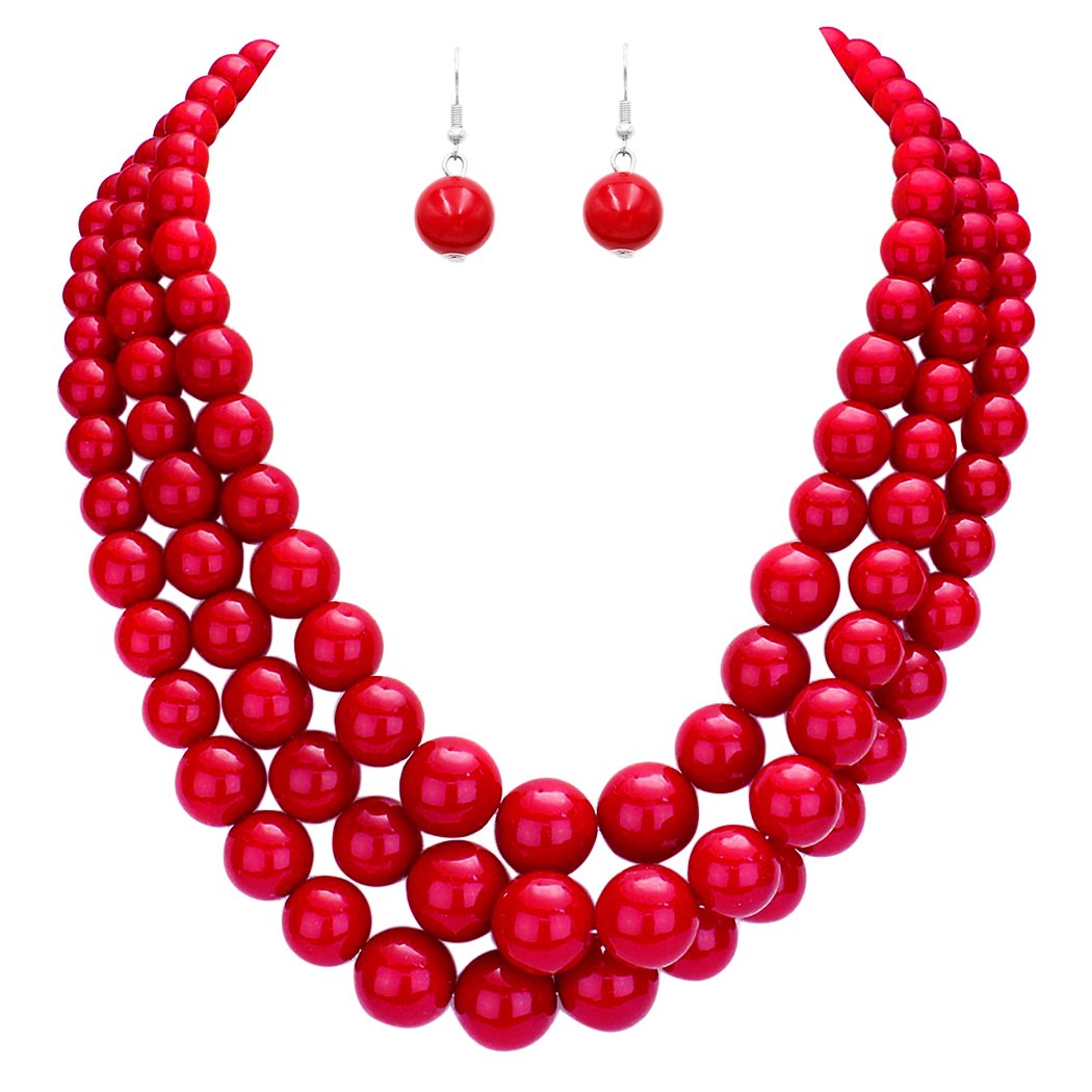 Women's Multi Strand Simulated Pearl Red Necklace and Earring Jewelry Set, 18" to 21" with 3" Extender