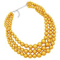 Multi Strand Simulated Pearl Necklace and Earrings Jewelry Set (Mustard Yellow)