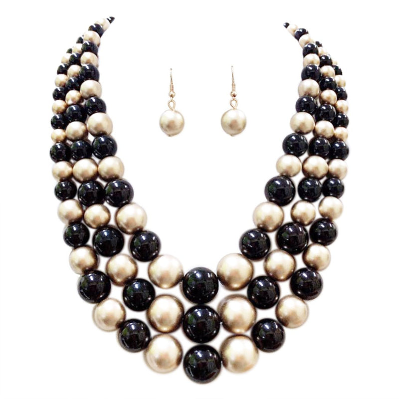 Multi Strand Simulated Pearl Necklace and Earrings Jewelry Set, 18"+3" Extender (Black And Gold)