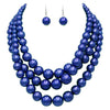 Multi Strand Simulated Pearl Necklace and Earrings Jewelry Set, 18"+3" Extender (Metallic Royal Blue Silver Tone)