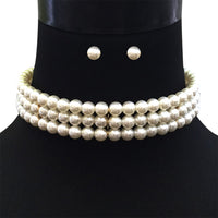 Unique Simulated Pearl Choker Necklace And Earrings Bridal Jewelry Set, 11"+3" Extender