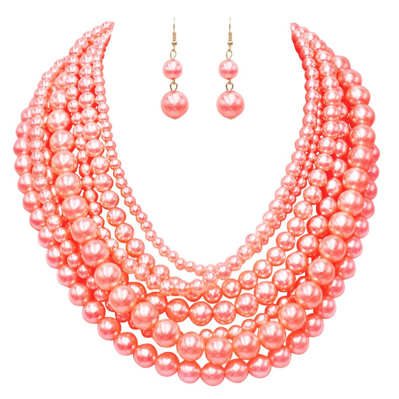 Multi Strand Simulated Pearl Necklace and Earrings Bridal Jewelry Set, 18"-23" with 5" Extension (Peach Multi-Strand)
