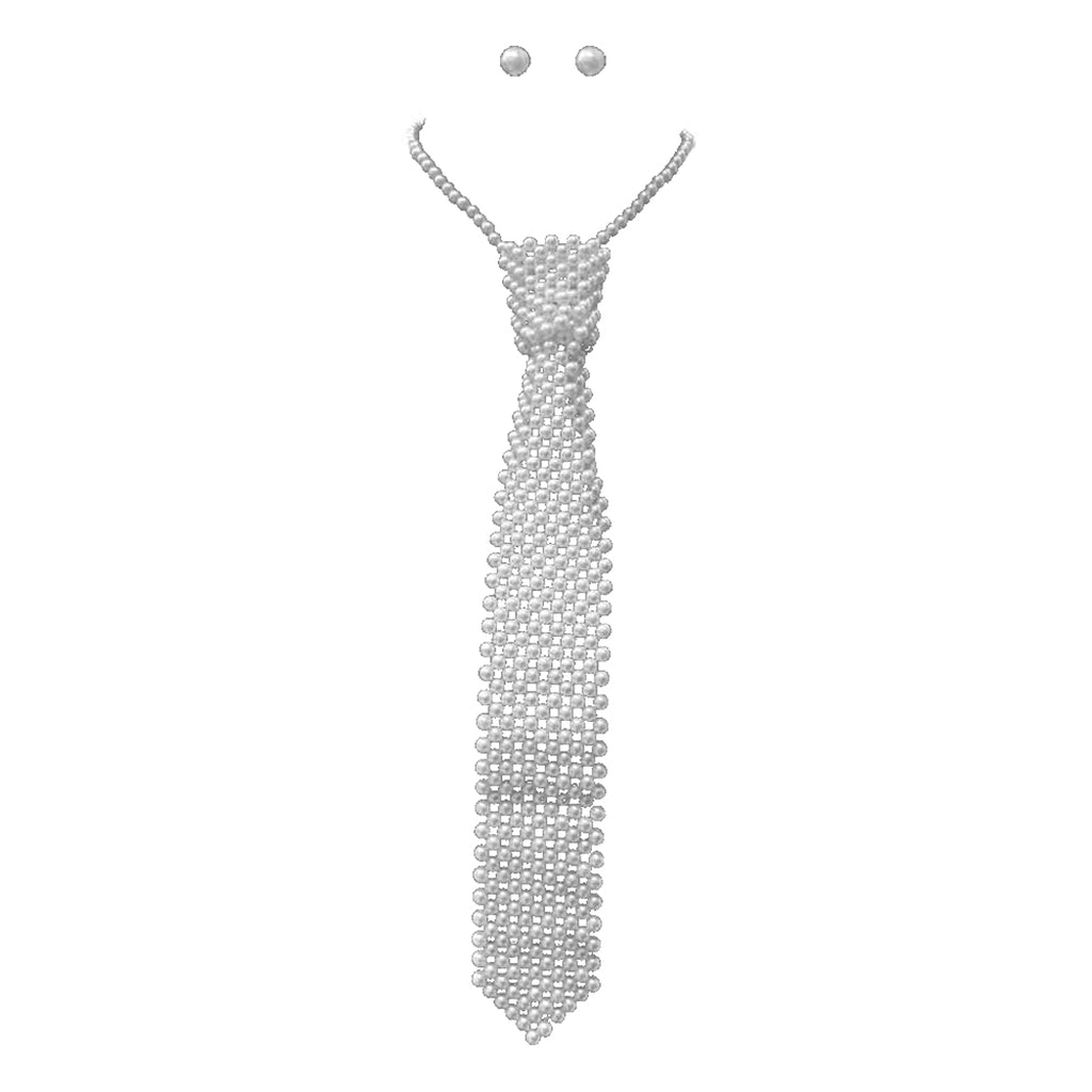 Stunning 6mm Simulated Pearl Necktie Necklace And Stud Earrings Gift Set, 14"+3" Extender (White Pearl Silver Tone)