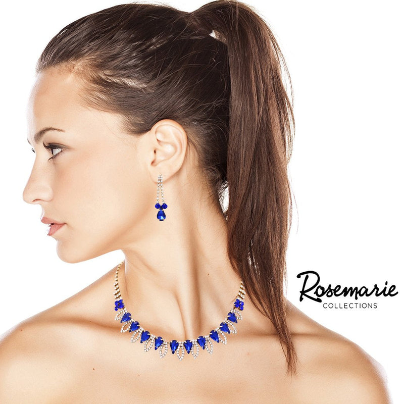 Brilliant Blue Pave Crystal Teardrop Collar Necklace and Earring Statement Jewelry Set
