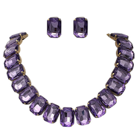 Stunning And Colorful Emerald Cut Crystal Rhinestone Statement Necklace Earrings Bridal Gift Set, 16.5"+3" Extender (Lavender Purple Gold Tone)