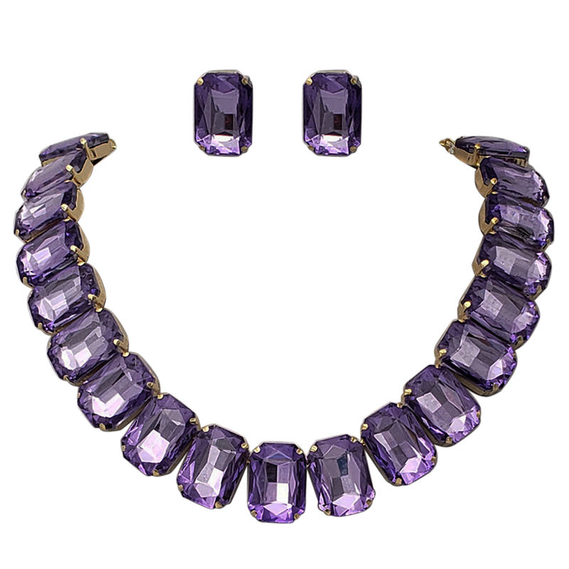 Stunning And Colorful Emerald Cut Crystal Rhinestone Statement Necklace Earrings Bridal Gift Set, 16.5"+3" Extender (Lavender Purple Gold Tone)