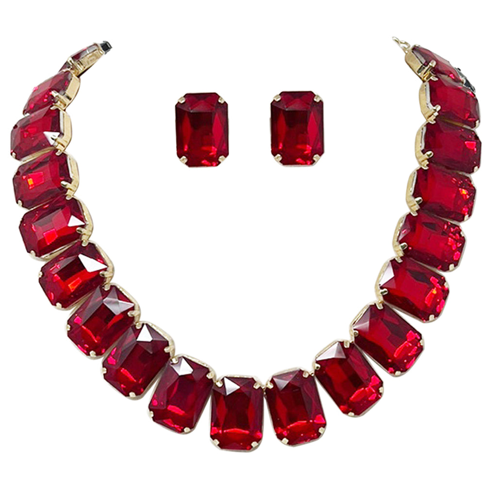 Stunning And Colorful Emerald Cut Crystal Rhinestone Statement Necklace Earrings Bridal Gift Set, 16.5"+3" Extender (Red Crystal Gold Tone)