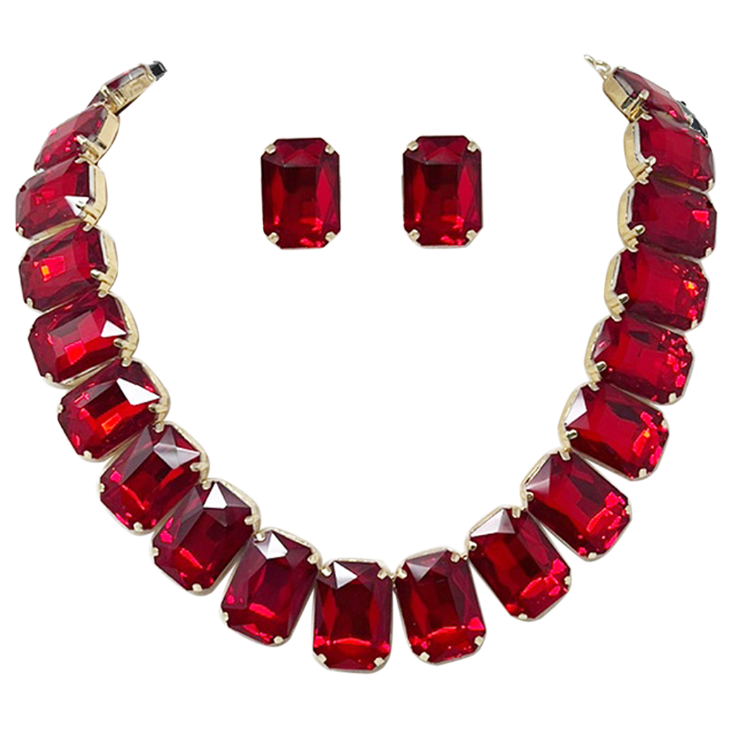 Stunning And Colorful Emerald Cut Crystal Rhinestone Statement Necklace Earrings Bridal Gift Set, 16.5"+3" Extender (Red Crystal Gold Tone)