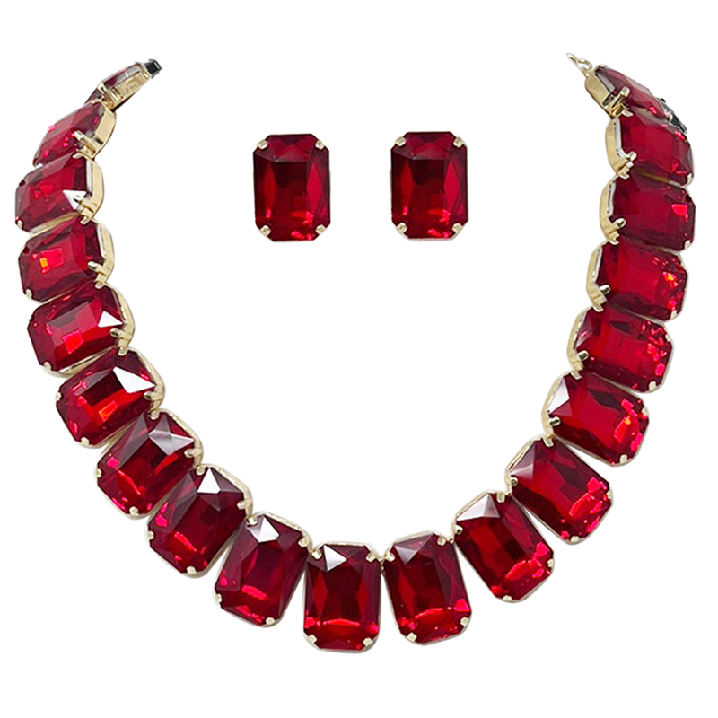 Stunning And Colorful Emerald Cut Crystal Rhinestone Statement Necklace Earrings Bridal Gift Set, 16.5"+3" Extender (Red Crystal Gold Tone)