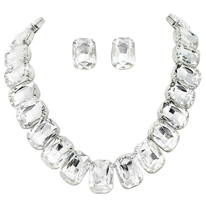 Stunning And Colorful Emerald Cut Crystal Rhinestone Statement Necklace Earrings Bridal Gift Set, 16.5"+3" Extender (Clear Crystal Silver Tone)