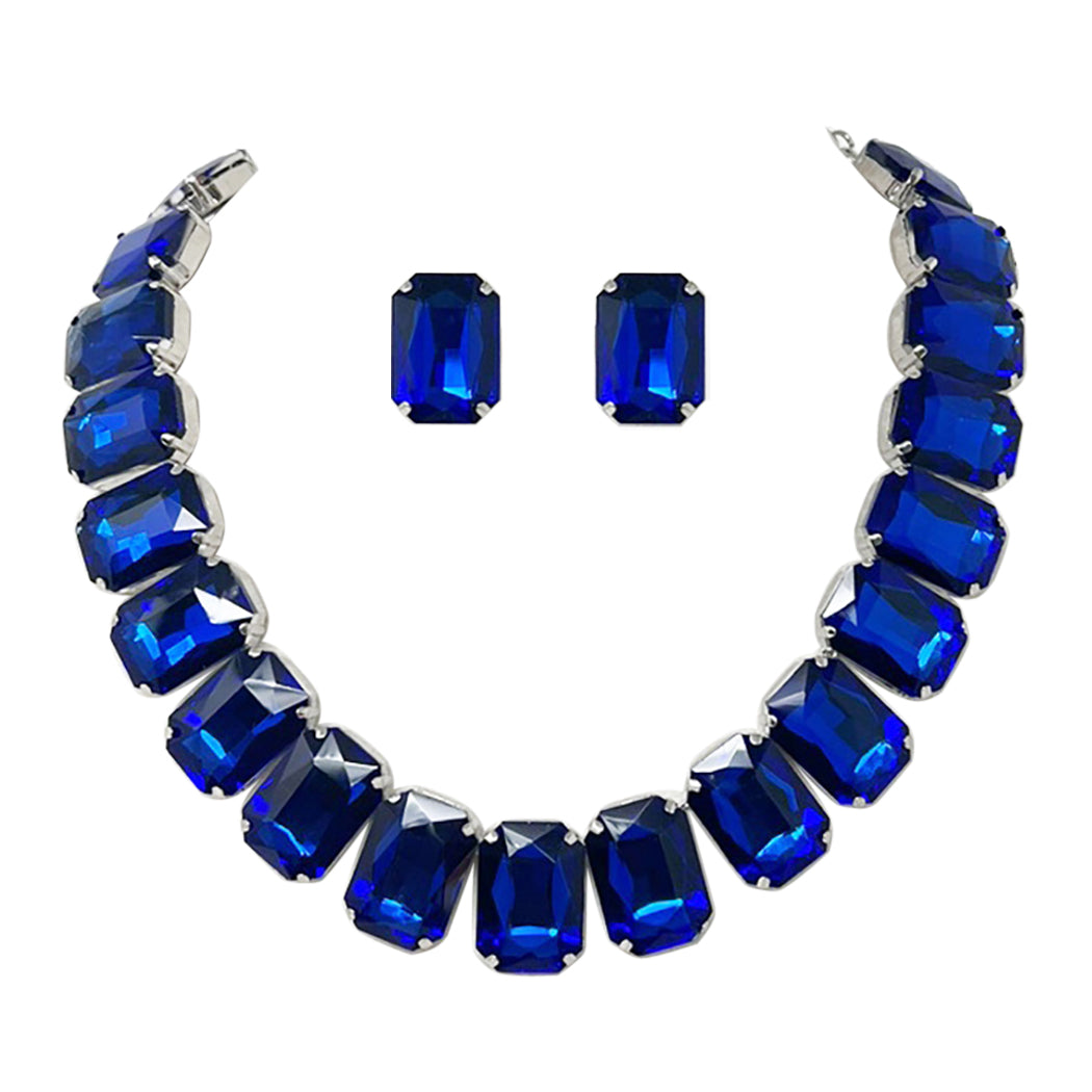 Stunning And Colorful Emerald Cut Crystal Rhinestone Statement Necklace Earrings Bridal Gift Set, Extender (Royal Blue Silver Tone)