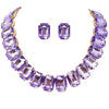 Stunning And Colorful Emerald Cut Crystal Rhinestone Statement Necklace Earrings Bridal Gift Set, 16.5"+3" Extender (Lavender Purple Gold Tone)