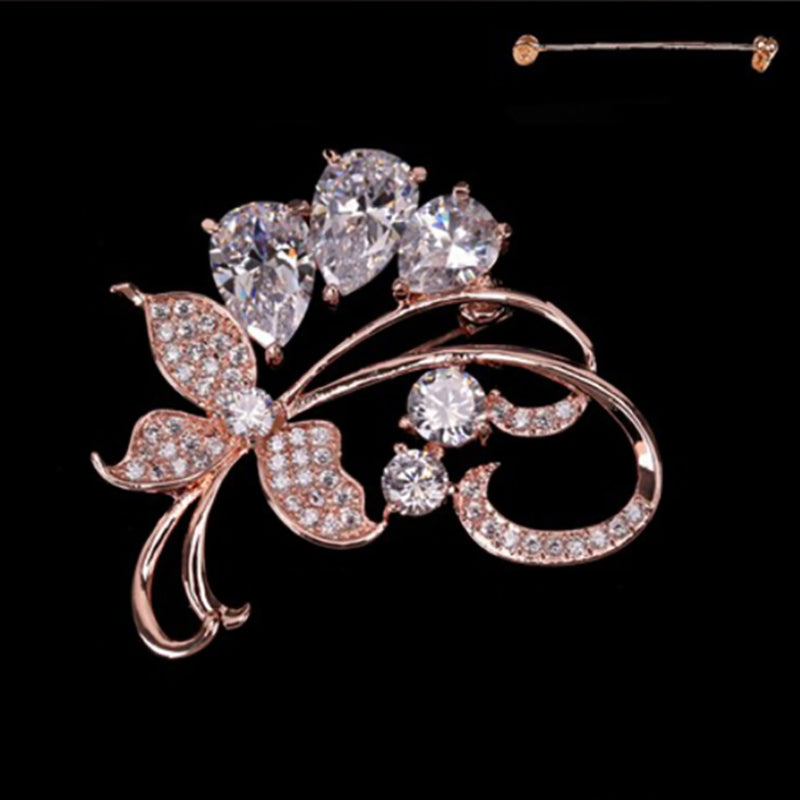 Stunning Gold Plated With Cubic Zirconia Crystal Teardrop Flower Spray Statement Brooch Pin, 1.75"