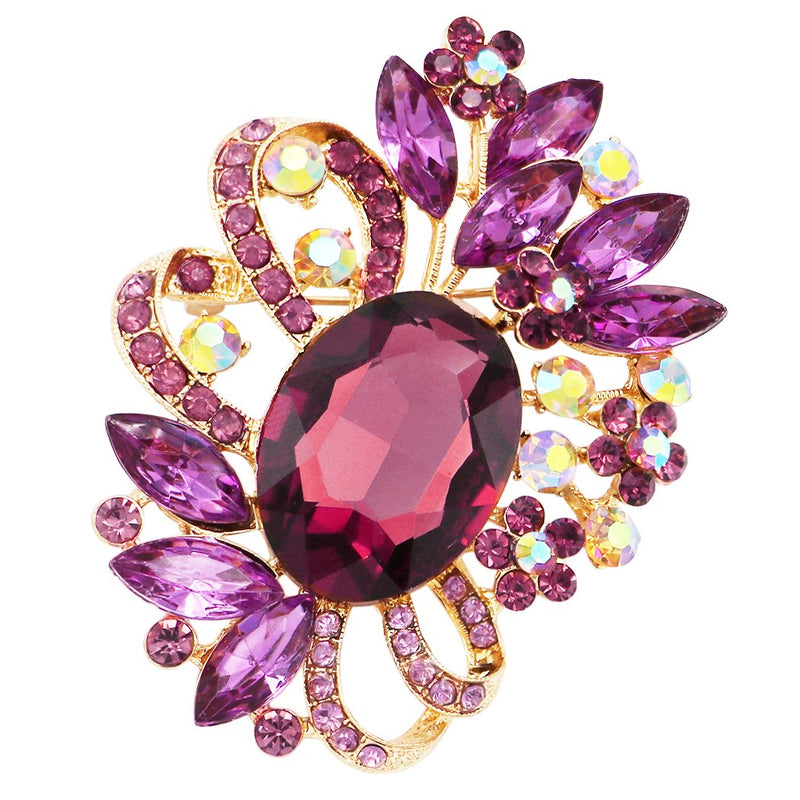 Women's Large Oval Glass Crystal Flower Spray Statement Brooch Pin, 2.75"
