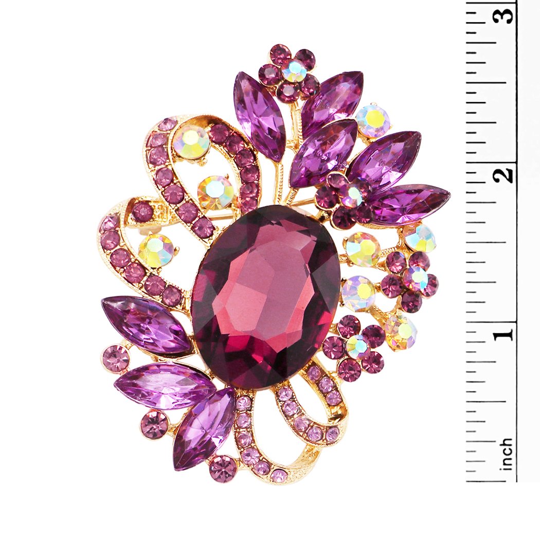 Women's Large Oval Glass Crystal Flower Spray Statement Brooch Pin, 2.75"
