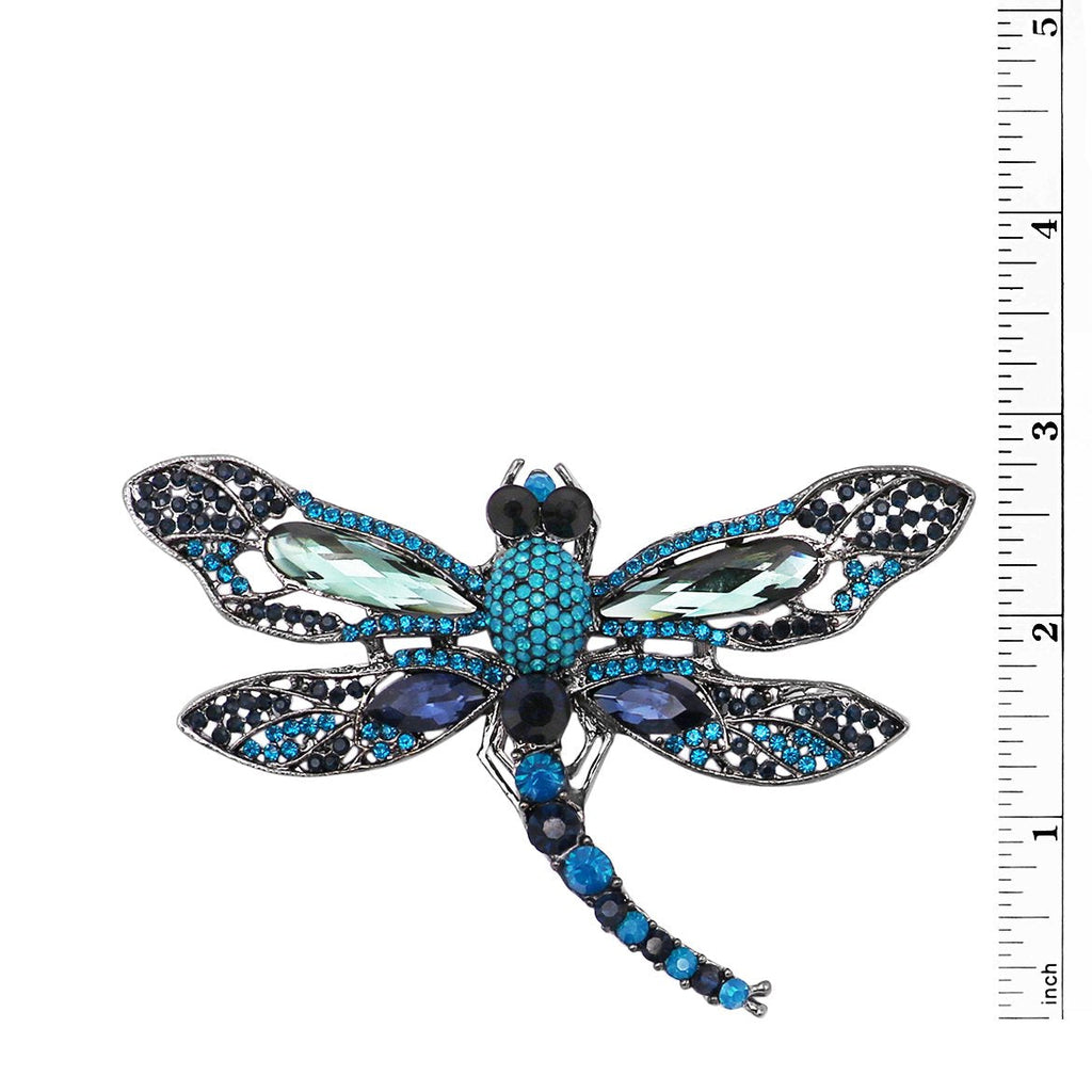 Enchanted Blue Glass Sparkling Crystal Dragonfly Brooch, 4.25"