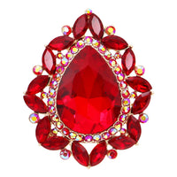 Stunning Large Statement Teardrop Glass Crystal Rhinestone Stretch Band Cocktail Ring, 2" (Red/Gold Tone)