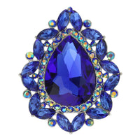 Stunning Statement Teardrop Glass Crystal Stretch Cocktail Ring (Royal Blue Silver Tone)