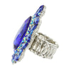 Stunning Statement Teardrop Glass Crystal Stretch Cocktail Ring (Royal Blue Silver Tone)