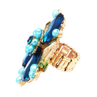 Stunning Crystal Pave Teardrop and Simulated Pearl Flower Stretch Statement Cocktail Ring (Blue Crystal/Gold Tone)