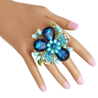 Stunning Crystal Pave Teardrop and Simulated Pearl Flower Stretch Statement Cocktail Ring (Blue Crystal/Gold Tone)