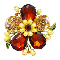 Stunning Crystal Pave Teardrop and Simulated Pearl Flower Stretch Statement Cocktail Ring (Topaz Brown Crystal/Gold Tone)