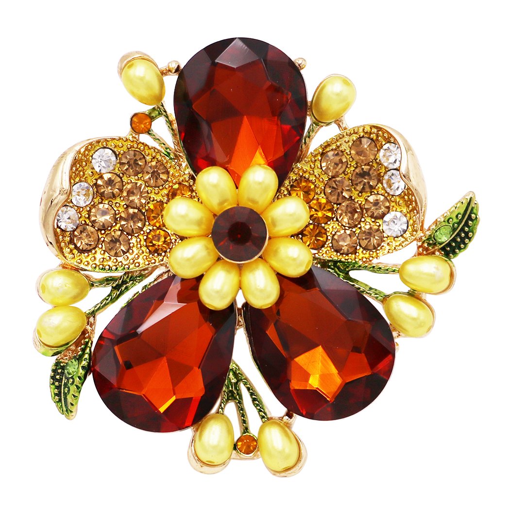 Stunning Crystal Pave Teardrop and Simulated Pearl Flower Stretch Statement Cocktail Ring (Topaz Brown Crystal/Gold Tone)