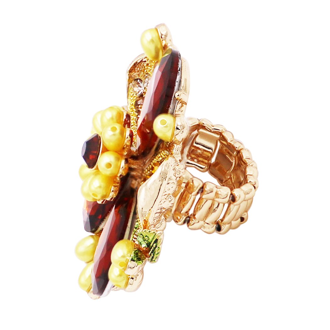 Stunning Crystal Pave Teardrop and Simulated Pearl Flower Stretch Statement Cocktail Ring (Topaz Brown Crystal/Gold Tone)