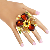 Stunning Crystal Pave Teardrop and Simulated Pearl Flower Stretch Statement Cocktail Ring (Topaz Brown Crystal/Gold Tone)