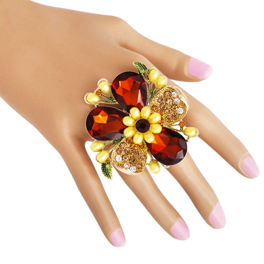 Stunning Crystal Pave Teardrop and Simulated Pearl Flower Stretch Statement Cocktail Ring (Topaz Brown Crystal/Gold Tone)