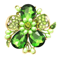 Stunning Crystal Pave Teardrop and Simulated Pearl Flower Stretch Statement St. Patrick's Day Cocktail Ring (Irish Green Crystal/Gold Tone)