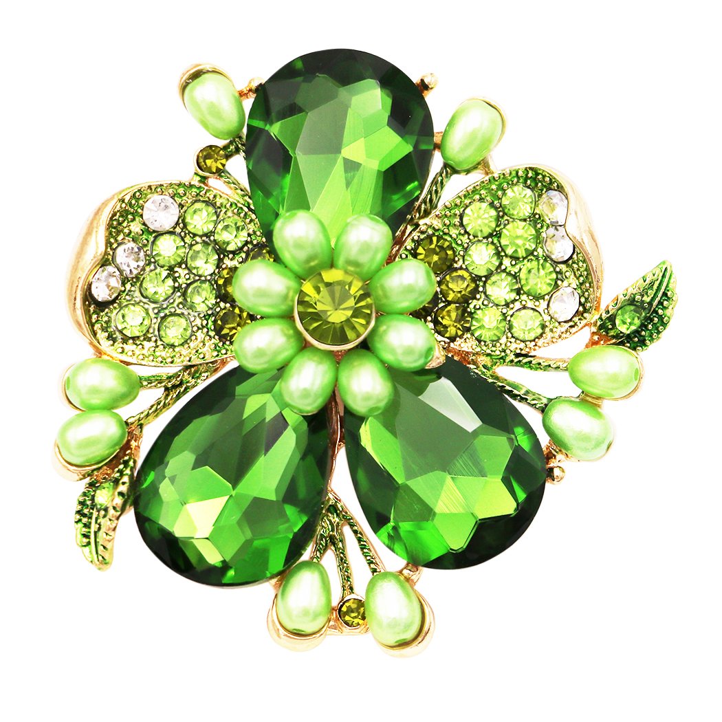 Stunning Crystal Pave Teardrop and Simulated Pearl Flower Stretch Statement St. Patrick's Day Cocktail Ring (Irish Green Crystal/Gold Tone)