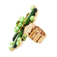 Stunning Crystal Pave Teardrop and Simulated Pearl Flower Stretch Statement St. Patrick's Day Cocktail Ring (Irish Green Crystal/Gold Tone)