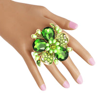 Stunning Crystal Pave Teardrop and Simulated Pearl Flower Stretch Statement St. Patrick's Day Cocktail Ring (Irish Green Crystal/Gold Tone)