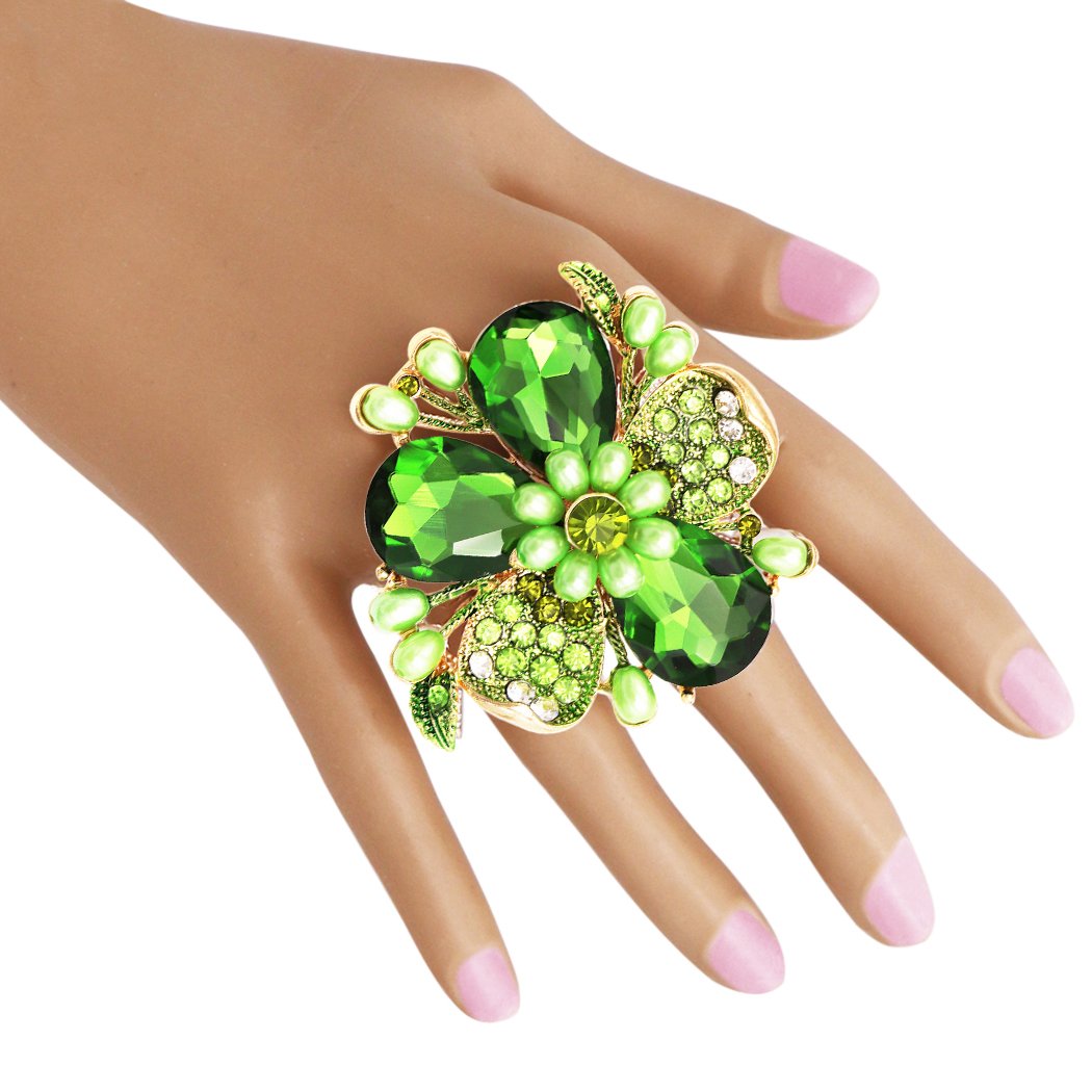 Stunning Crystal Pave Teardrop and Simulated Pearl Flower Stretch Statement St. Patrick's Day Cocktail Ring (Irish Green Crystal/Gold Tone)