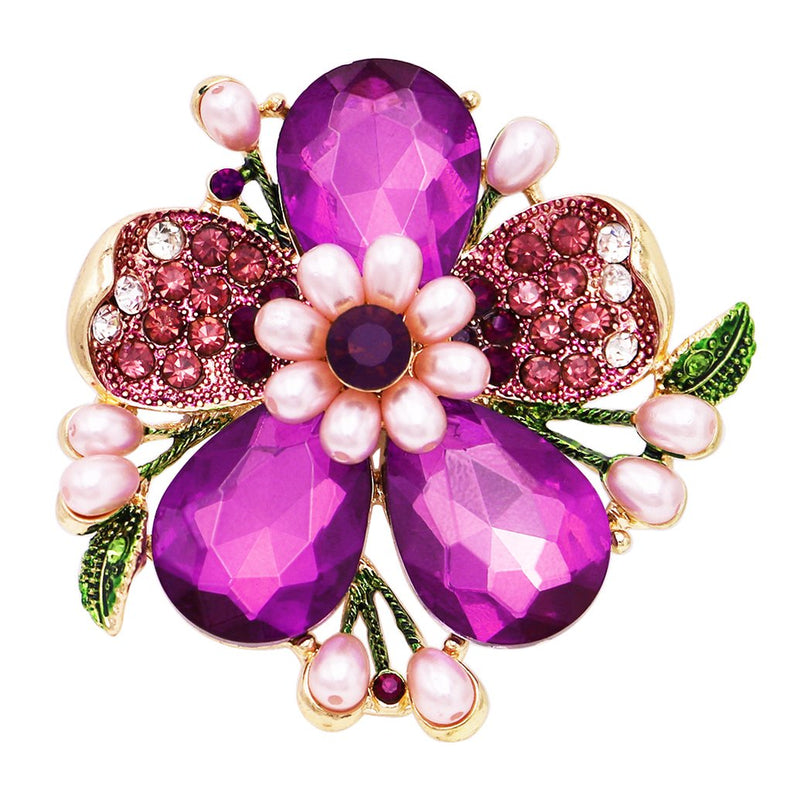 Stunning Crystal Pave Teardrop and Simulated Pearl Flower Stretch Statement Cocktail Ring (Purple Crystal/Gold Tone)